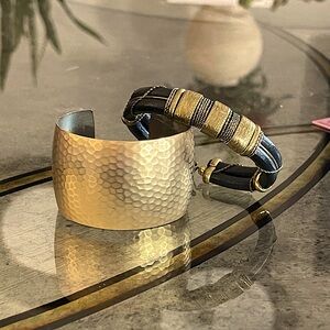 Artisan Leather Wrapped Cuff Bracelet w/Brass Embellishments, Black/Brass, $45